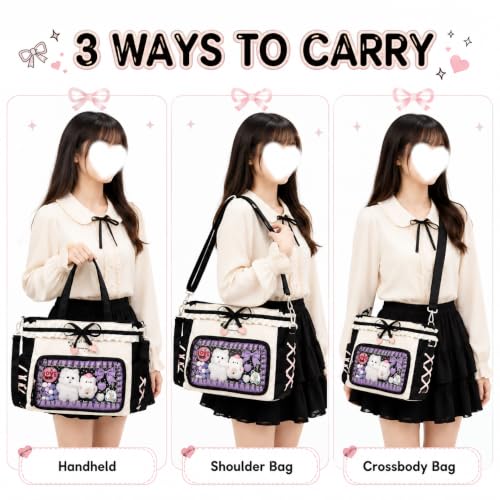 Kawaii Ita Bag with Ruffle Trim, Cute Color Block Crossbody Bag, Pin Display Shoulder Bag with Insert Y2k Style - color: Black / Beige