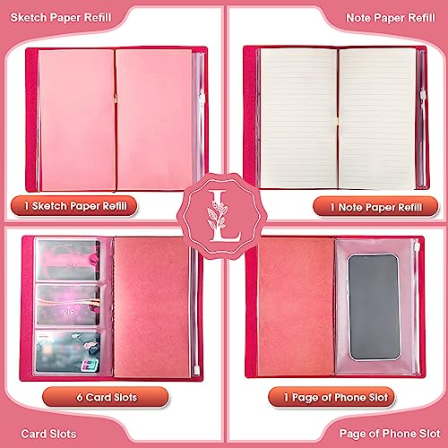Personalized Journal Gift-Pink Initial Leather Journal+Heart Diamond Pen Set,Travel Notebook Diary Gifts,Refillable Notepads,Christmas,Birthday Gifts for Women Girls (7.9"x4.7") (L) - style: L