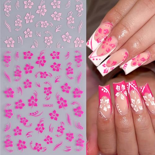 Flower Nail Stickers for Nail Art 12PCS Hibiscus Flowers Nail Decals 3D Self-Adhesive Tropical Nail Art Designs Pink Gold Petals Butterfly Sliders Summer Manicure Decoration DIY Supplies for Women - style: Hibiscus Flowers