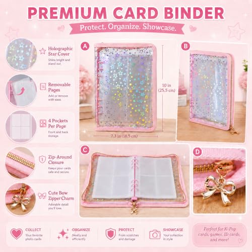 4 Pocket Card Binder for Girls, Cute A5 Clear Kpop Photocard Binder - color: A Pink, size: 4-Pocket
