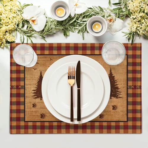 Rustic Bear Forest Pine Tree Placemats Set of 4, Wildlife Paw Print Buffalo Plaid Table Place Mats 18 x12 Inch Heat Resisting Non-Slip Table Mats for Party Holiday Kitchen Farm Indoor Decor - color: Rustic Bear