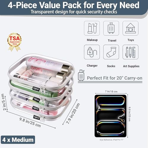 YQBRAO Clear Hard Shell Zipper Cases, 4 Medium Makeup Organizers, Grey - color: Grey, size: 4 Pack(M)