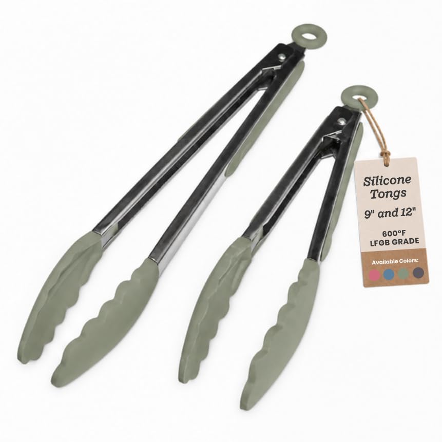Starpack Get a Grip Silicone Kitchen Tongs (2-Pack, 9" + 12") - LFGB Non Toxic, 600°F Heat Resistant, BPA-Free - Heavy-Duty Stainless Steel, Locking - Dishwasher Safe for Nonstick Cookware - color: Sage Green, size: Set of 2 (9" & 12")