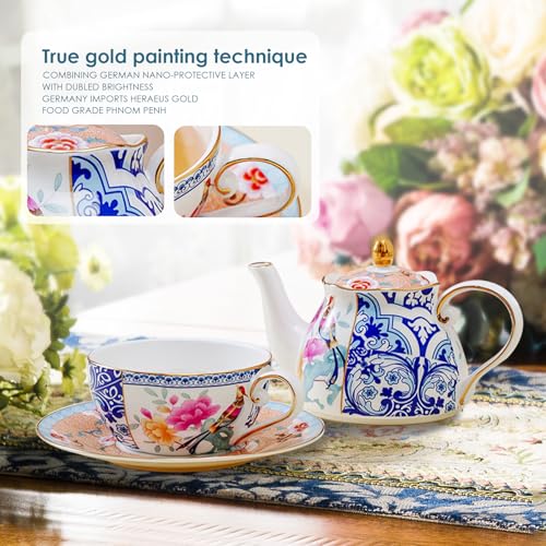 ACMLIFE Tea for One Teapot and Cup, Vintage Floral Porcelain Tea Set for One, Bone China Teapot with Cup Set, Tea Pot Christmas Gift for Women (Blue-C) - color: Blue-C