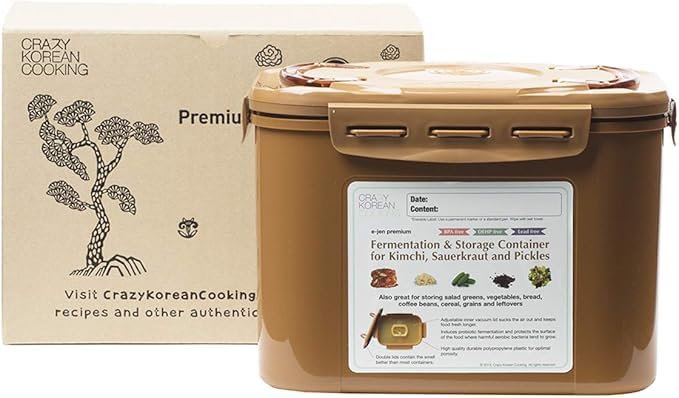 Crazy Korean Cooking Premium Kimchi, Sauerkraut Fermentation and Storage Container with Inner Vacuum Lid, Sandy Brown, 2.2 gallon (8.5 L) - size: 2.2 Gal (8.5l)