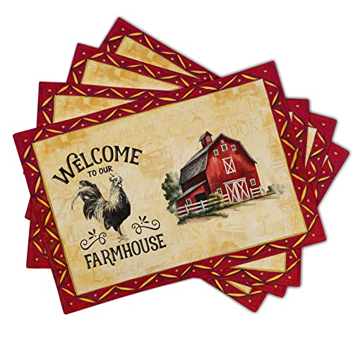 Giwawa Rooster Chicken Placemats, Welcome to Our Farmhouse Linen Place Mat, Vintage Animal Farm Decorative Washable Non Slip Table Mats for Dining Kitchen Party, Set of 4, 12"x18" - color: Chicken