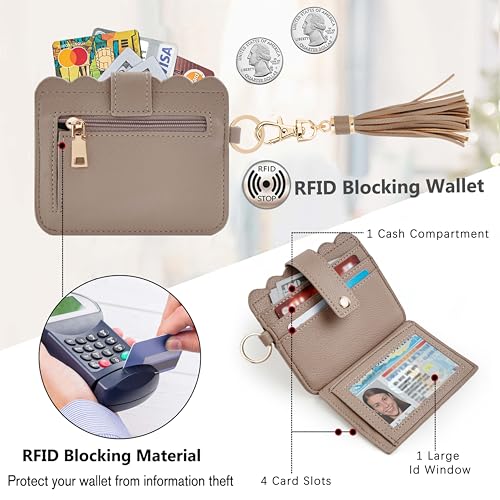 Wristlet Wallet for Women with Keychain – RFID Card Holder Small Wallet Wristlet with Key Ring - color: Khaki, style: Classic