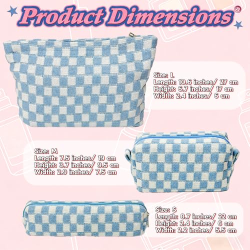 3 Pieces Checkered Makeup Bag Set, Blue Cosmetic Bags for Women, Large Medium Small Portable Travel Toiletry Bag, Cute Zipper Pouch Organizer for Purse, Skincare, Cosmetics, Stationery - color: 3 pcs Blue
