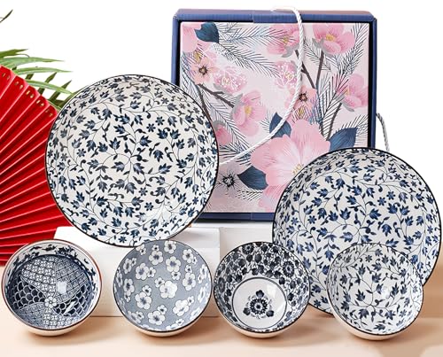 Ceramic Plates and Bowls Set, Japanese Style Dinnerware Set with Gift Box - Blue and White - 4 Rice Bowls and 2 Pasta Bowls - Kitchen Gifts for Women (Blue and White) - color: Japanese B (4 bowls+2 plates)