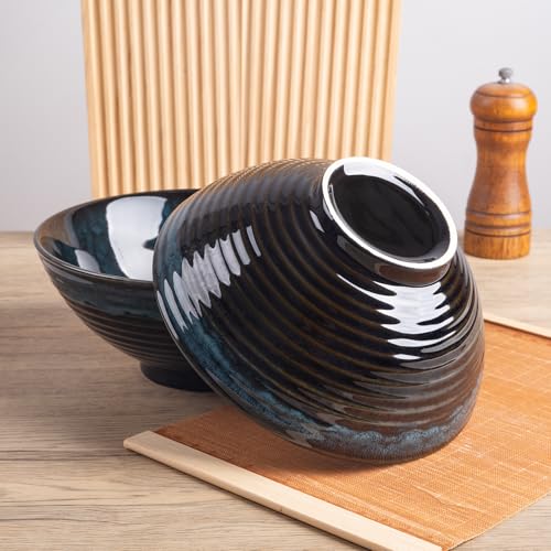 40oz Japanese Ceramic Ramen Bowl Set of 2 with Chopsticks and Spoons for Pho Udon Asian Soup Noodles (Nebula Blue) - color: Nebula Blue