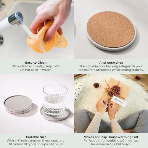 Set of 6 Warm Gray Coasters with Holder, Absorbent Ceramic Drink Coasters with Cork Backing for Table Protection, Table Decor, Housewarming Gifts - color: Warm Gray