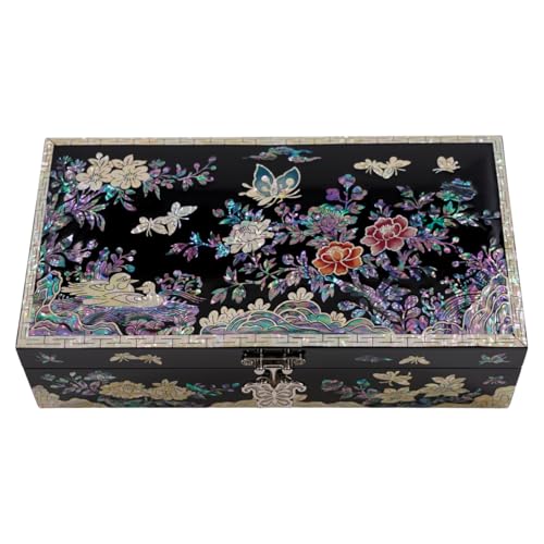 February Mountain Mother of Pearl Jewelry Organizer box - Handmade Large Wooden Box Romantic Anniversary Birthday Gifts for women (Butterflies in Peony Garden) - style: Butterflies in Peony Garden
