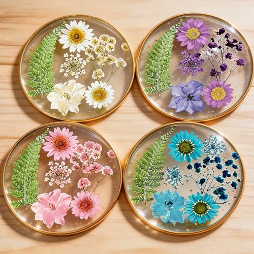 Oqplog Resin Drink Coasters for Desk Coffee Table-Cute Dried Flowers Round Shape Cup Coasters Set of 4 for Work Office Home Outdoor Decor Gifts for Girls Women - color: 4pcs