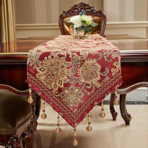 Luxury Vintage Table Runner 120 inches Long Embroidery Jacquard Fabric with Multi-Tassels Table Runners for Dining Room Dresser Wedding Christmas Thanksgiving Party Decorations (Red, 12X120inch) - color: Red, size: 12X120inch