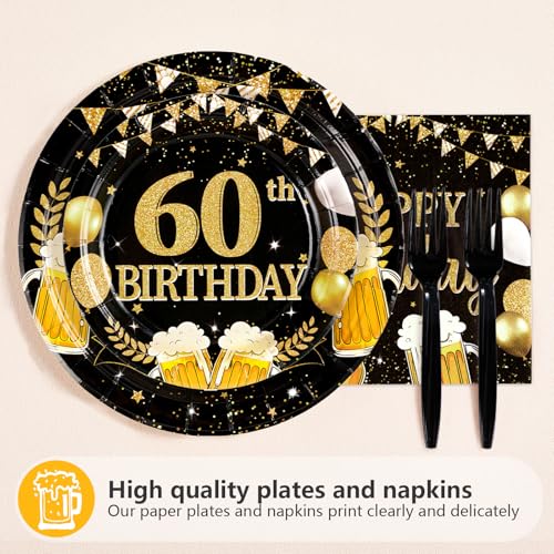 96Pcs Cheers to 60 Birthday Party Decorations, Serves 24 - style: Beer Black Gold 60th Birthday