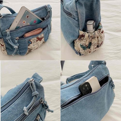 Black Denim Purse Crossbody Bags, Boho Hobo Crossbody Bags for Women, Casual Hippie Travel Purse with Lots of Pockets - color: Light Blue