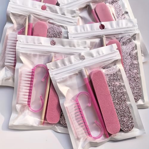 5PCS Nail Care Kit with Mini Nail File, Cuticle Pusher & Nail Cleaning Tools, Portable Manicure & Pedicure Set, Pink or Gray (PINK)