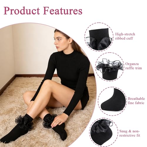 Big Ruffle Socks Women(Size 5-11) Turn Cuff Cotton Lace Frilly Socks - color: White,blue,black - 3 Pairs, size: 5-9