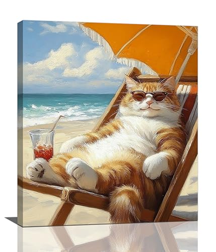 Funny Cat Beach Wall Art Cute Cat Ocean Canvas Wall Decor Coastal Kitten Pictures Paintings Prints Seaside Artwork Framed Seascape Decorations For Bathroom Bedroom Living Room Office Gifts 20" x 24" - color: Beach Cat, size: 24"L x 20"W