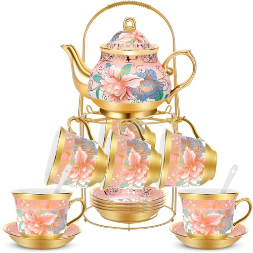 20 Pcs Adult Tea Party Set Porcelain with Metal Holder, Fresh - style: Fresh