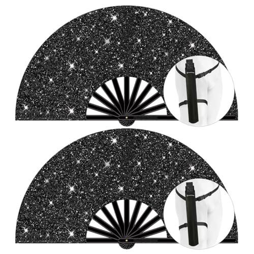 13" Large Folding Rave Fan with Holster, Clack Hand Fans Foldable for Line Dancing, Boots On The Ground Fan for Women Men Festival EDM Party Decoration, Glitter Black 2 Pack - color: Glitter Black