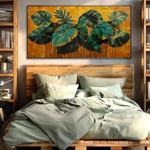 SOUGUAN Canvas Print Wall Art Green Gold Tropical Palm Leaves Nature Wilderness Illustrations Modern Art Rustic Wall Decor Pictures Artwork 24"x48" for Living Room - color: SOUGUAN-LSY60120, size: 48"L x 24"W