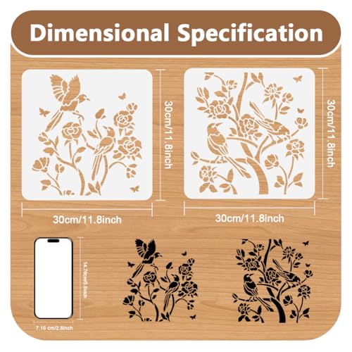 2pcs 11.8"x11.8" Chinoiserie Magpie on Tree Branch Wall Stencil Templates, Birds and Flower Reusable Plastic Stencil for Painting on Wood Floor Tile Fabric Glass Furniture DIY Home Decor - style: Magpie
