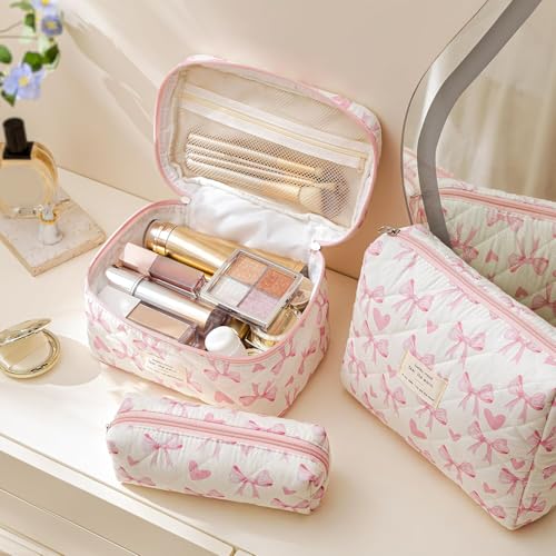 HBselect Quilted Makeup Bag, 3Pcs Cotton Large Travel Makeup Bags Organizer - color: A-3PCS-Floral 13