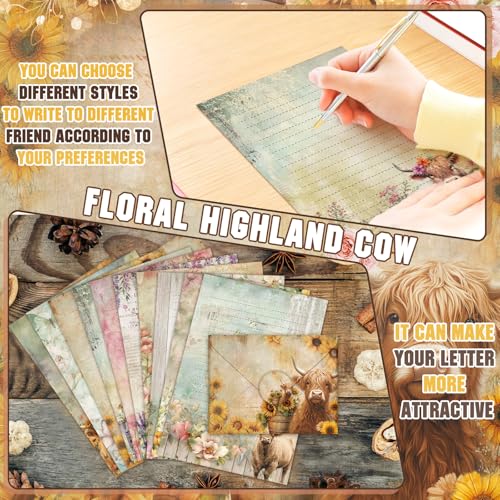 TaoBary 160 Pcs Floral Highland Cow Stationery Paper and Envelopes Set - size: 5.5 x 8.25 Inch, style: Floral Highland Cow
