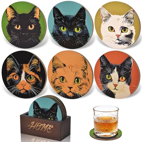 Bar Coaster Set, Drink Coaster for Home Decor, Wood Coffee Coasters 6Pack (Cat) - color: Cat