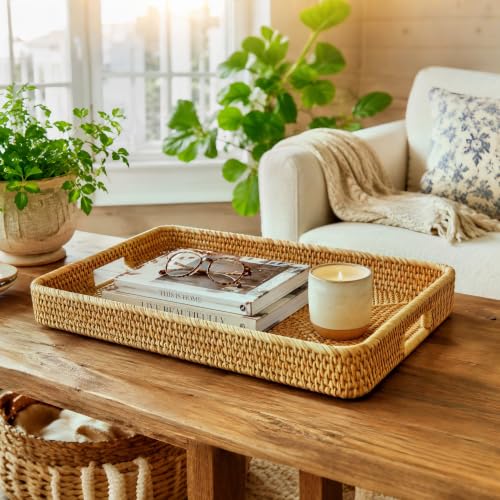 i-lan 17-Inch Large Rectangular Rattan Serving Tray with Handles