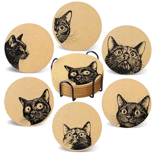 Coasters for Drinks with Holder Set of 6, Curious Cat Cork Coaster Absorbent for Office Desk Cat Table Coasters Kitchen Decor House Warming Gifts for New Home Couples, Round 4" - color: Cat003