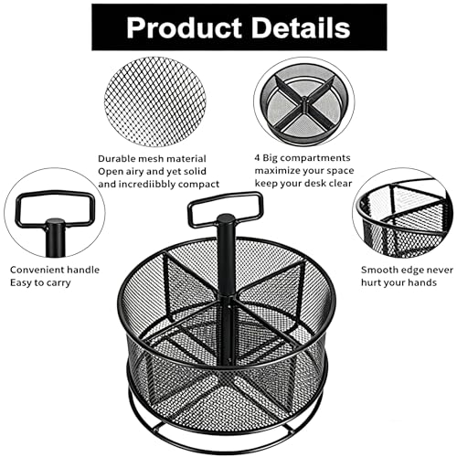 Marbrasse Mesh Desk Organizer, 360-Degree Rotating Multi-Functional Pen Holder, 4 Compartments Desktop Stationary Organizer, Home Office Art Supply Storage Box Caddy (Black) - color: Black