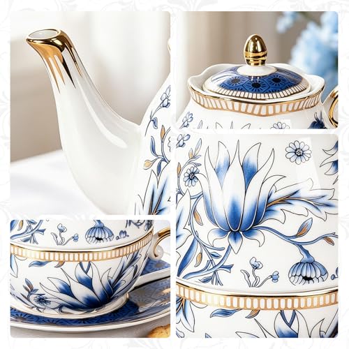 KAMMAK Tea for One Set, Ceramic Teapot, Bone China Tea Set, Cup and Saucer - color: Blue-GH7