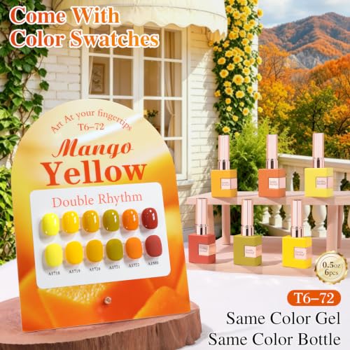 Double Rhythm 6 Pcs 15 ML Gel Polish Set Same Color Same Bottle Soak Off Gel Polish Kit Nail Art Manicure Salon DIY at Home for Women (Pale Dark Orange Lemon Yellow -T6-72) - color: Mango Yellow