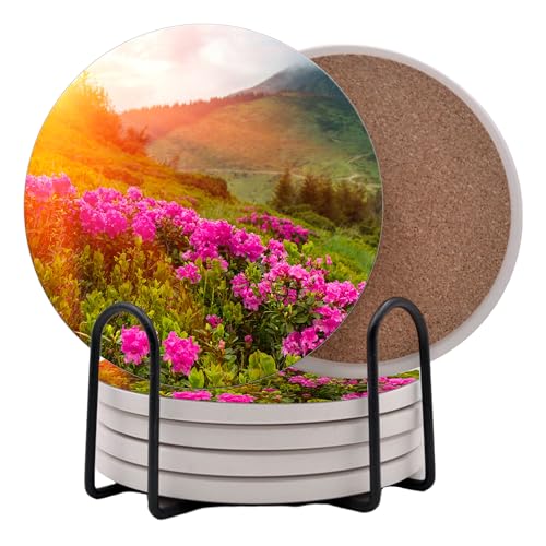 Spring Season Flowers Round Coasters Set of 6 - Abosrbent Ceramic Coasters with Metal Stand for Drinks, Coffee, Non-Slip Cork Back for Tabletop Protection, 4 Inches (Sunset) - color: Sunset