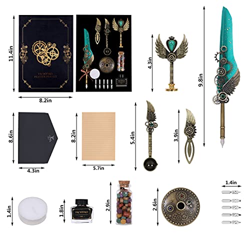 Quill Pen Set, Green, Feather Pen, Ink, Bookmarks, Seals, Nibs, Wax Bead, Envelopes, Writing Paper, Gift Box - color: Green