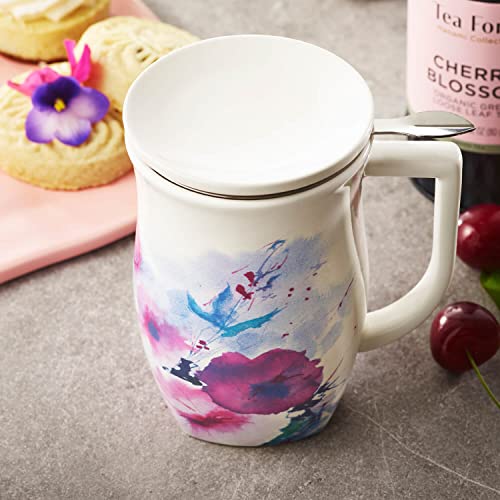 Tea Forte Ceramic Fiore Tea Cup with Infuser, Verbena Blossom, 14 oz - color: Verbena Blossom