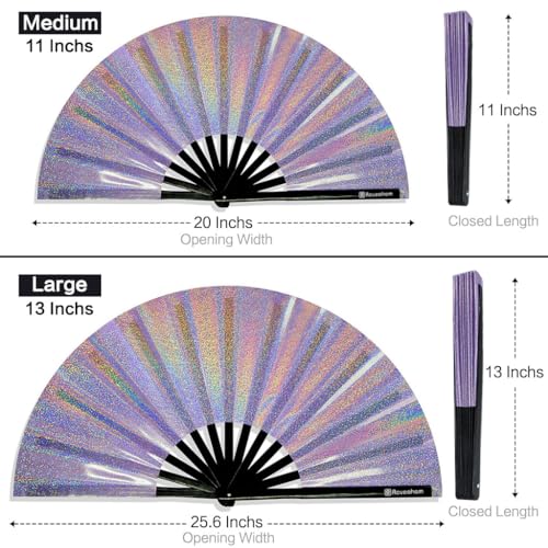 Large Rave Fan, Clack Folding Hand Fan with Premium Fabric, Thick Bamboo Frame for Men Women Gift for EDM, Festival, Club, Party, Dance, Decoration (Lridescent Purple, 11") - color: Lridescent Purple, size: 11"