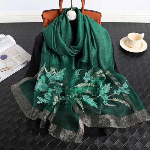 Jeelow Long Silk Blend Embroidered Floral Shawl Scarf Wrap for Women - color: Green Bloom