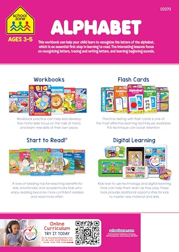 School Zone Alphabet Workbook: 64 Pages, Pre-K, Preschool, ABC's, Letters, Tracing, Alphabetical Order, Ages 3 to 5 (Get Ready! Book Series)