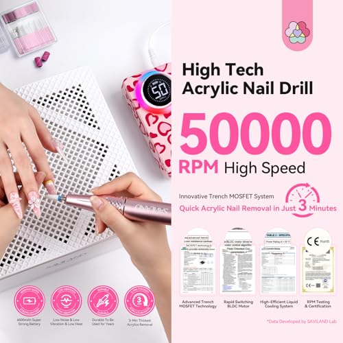 SAVILAND 50000RPM Electric Nail Drill Machine Cordless for Acrylic Nails - color: Red Pink