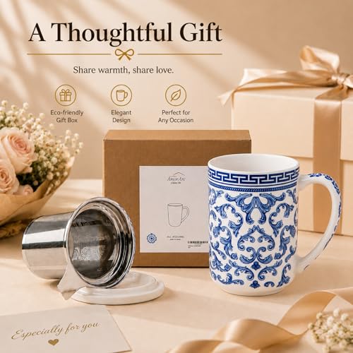 AmorArc Tea Cup With Infuser and Lid, 18oz Loose Leaf Tea Mug With Steeper - color: Classical Pattern