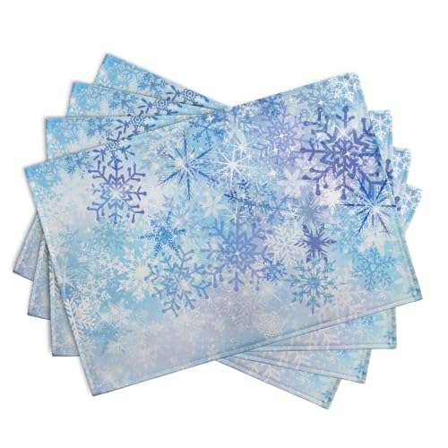 Blue Snowflake Winter Placemats Set of 4 Xmas Snow Place Mat Merry Christmas Linen Fabric Table Mats Washable Heat Resistant Placemat for Farmhouse Kitchen Dining Party Decoration - color: Blue Snowflake