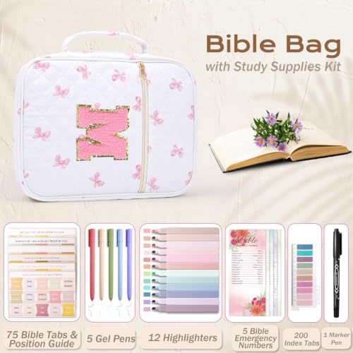 XKDOUS Bible Cover for Women Bible Bag Kit Church Book Holder Carrying Case - color: Pink Bow With Letter M