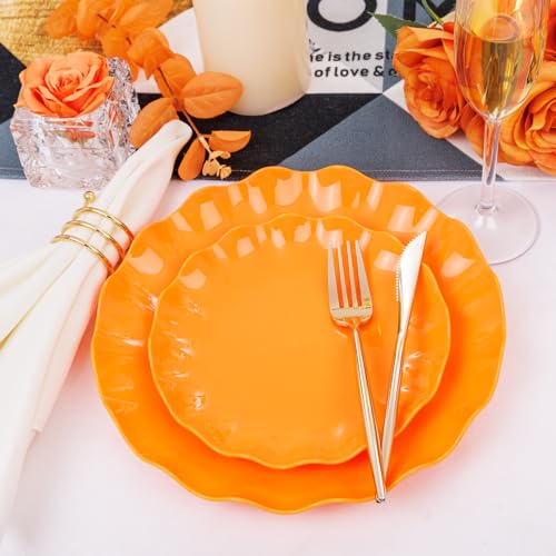 LIYH 24 Orange Plastic Plates Reusable for Thanksgiving Halloween 12 Guests - color: Orange, size: 24(12 Guests)