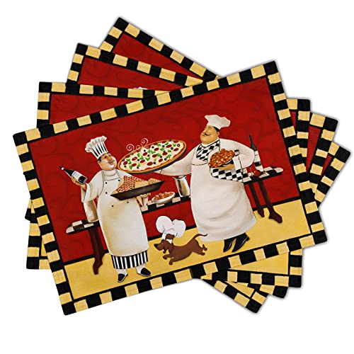 Giwawa Fat Chef Placemats Italian Pizza Bistro Anti-Fatigue Red Wine Linen Table Mat Set of 4 Cooking Food Heat Stain Resistant Place Mats for Dining Kitchen Party Holiday Decoration - color: Chef