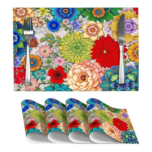 Spring Boho Floral Dinner Placemats Set of 4, Colorful Vintage Decorative Place Mats, Kitchen Washable Table Mats for Dining Holiday Party Home Decor, Gifts for New Home Women - color: Boho