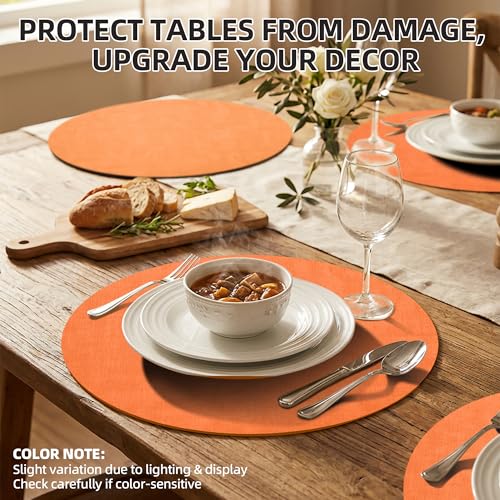 Placemats Set of 6, 15 Inch Round Faux Leather Place Mats - color: R-orange