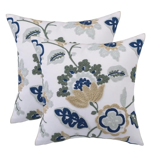 LUOYEHK Embroidered Decorative Throw Pillow Covers 18x18 Inch Pack of 2 Spring Farmhouse Floral Square Pillowcase Canvas Cushion Cover for Couch Sofa Bed Living Room（Blue Dragon Flower） - color: Blue Dragon Flower